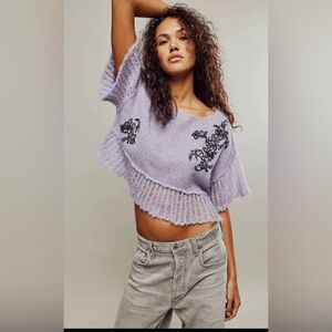 Free People Robin sheer crop Sweater Tee lavender with Black XS